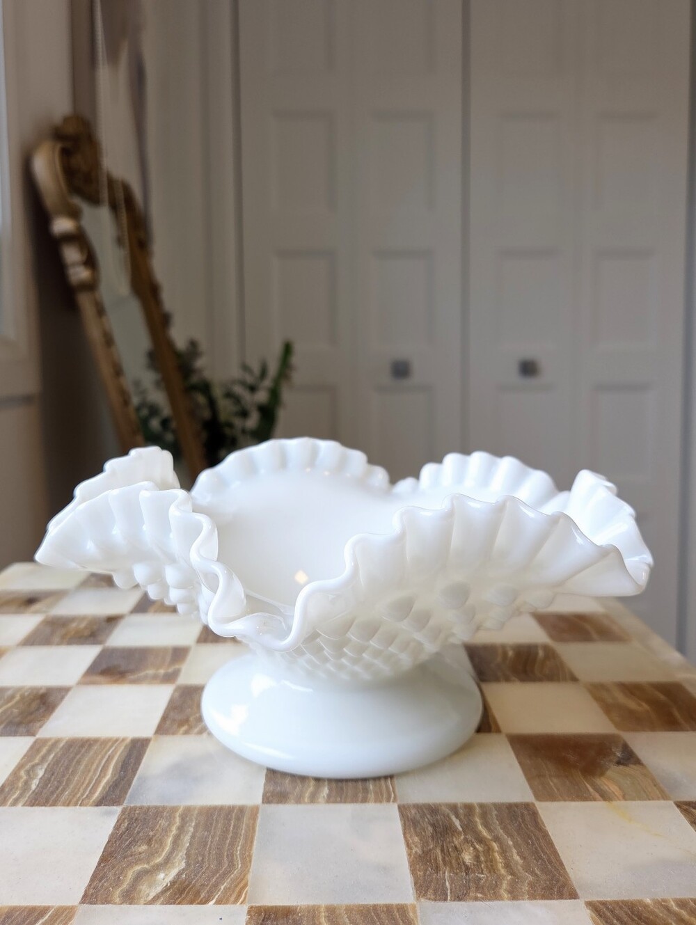 Fenton Hobnail Milk Glass Pedestral Bowl Trinket Dish